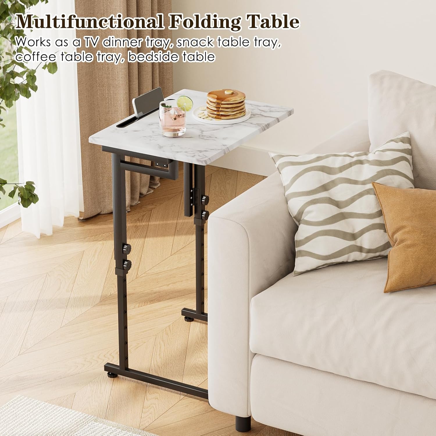 Fleecy day TV Tray, Folding TV Dinner Table, Adjustable Small C-Shaped End Tray for Eating, Foldable Slide Under Couch Side Table for Recliner, Living Room, Bedroom,No Assembly Required(White Marble)